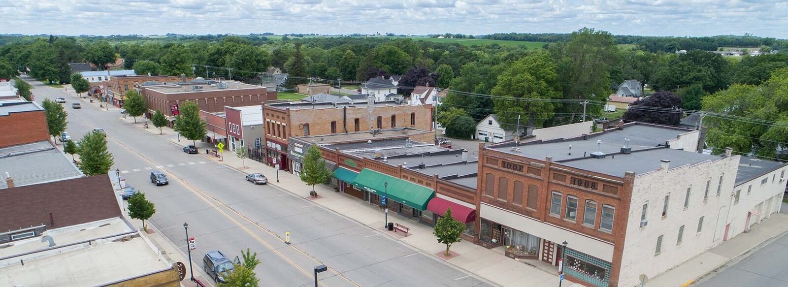 Aerial view of 2nd Street, Kenyon's main street, with the 1908 IOOF block in the foreground