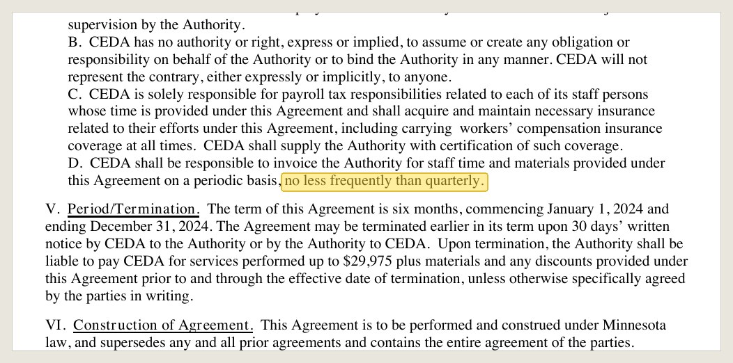 The 2024 CEDA agreement, section IV.D, Jan. 9, 2024 packet, printed page 77: the only quarterly obligation in the contract is CEDA's right to invoice.