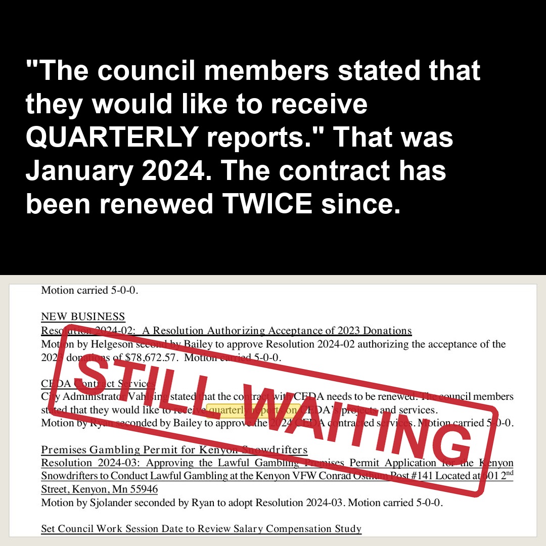 "The council members stated that they would like to receive QUARTERLY reports." That was January 2024. The contract has been renewed TWICE since.