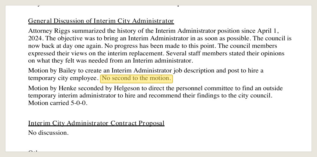 Minutes of the May 14, 2024 special session, in the June 11, 2024 packet, PDF page 8: Bailey's motion and the five words that ended it.