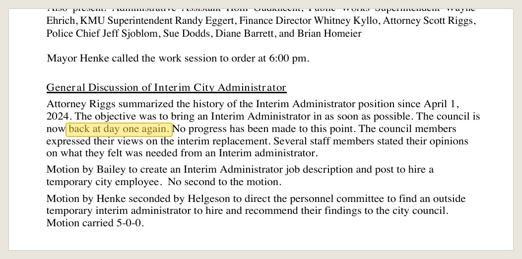 The same minutes, two lines up: the city attorney's summary of six weeks of searching.