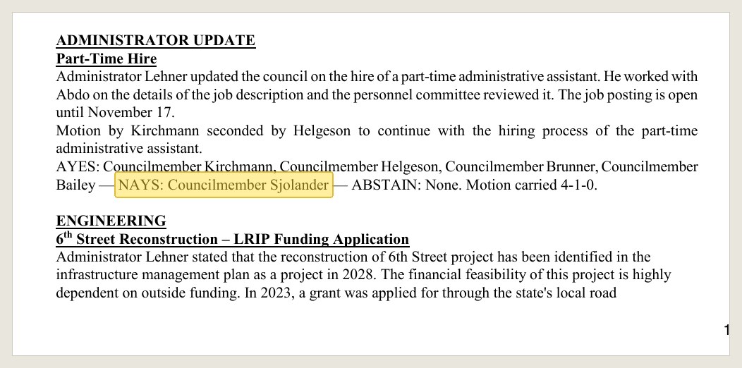 Minutes of Nov. 12, 2025, in the Dec. 9, 2025 packet: the in-house route, used for an assistant, 4-1-0.