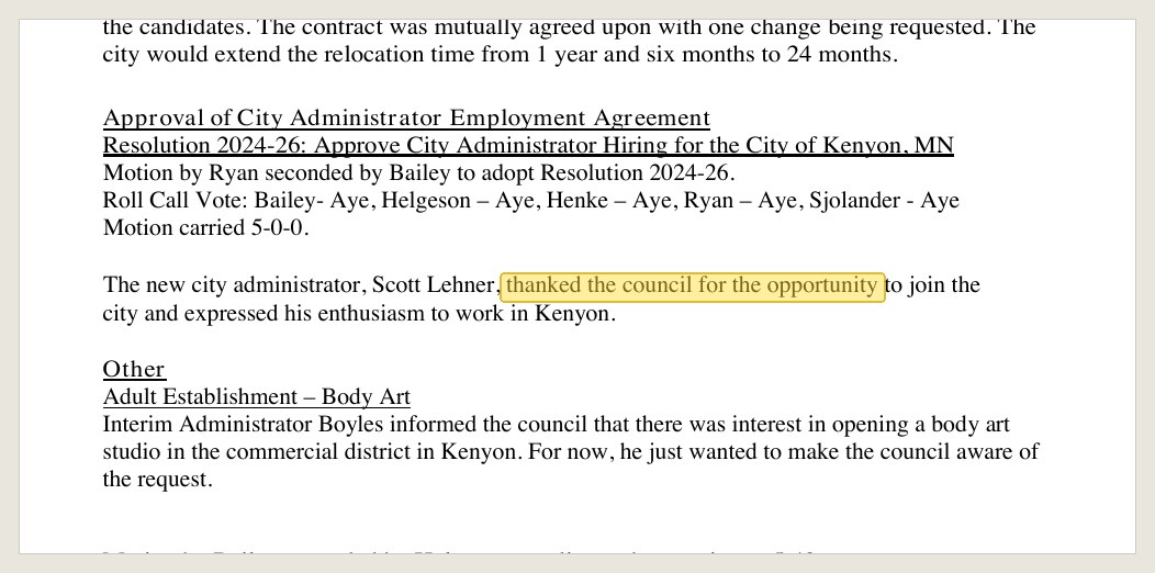 Minutes of the Nov. 7, 2024 special session, PDF page 12: the hiring, five weeks before the KMU meeting.