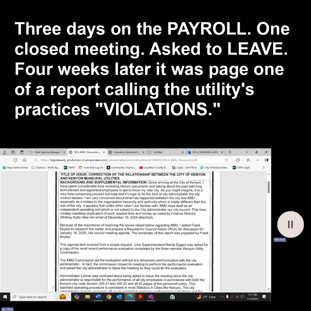 Three days on the PAYROLL. One closed meeting. Asked to LEAVE. Four weeks later it was page one of a report calling the utility's practices "VIOLATIONS."