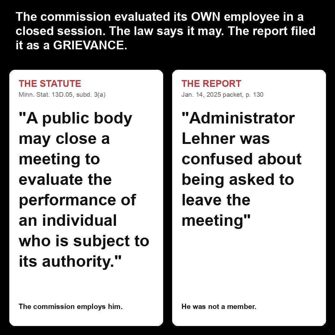 The commission evaluated its OWN employee in a closed session. The law says it may. The report filed it as a GRIEVANCE.