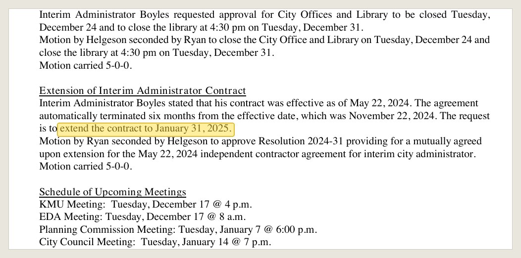 Minutes of Dec. 10, 2024, PDF page 19 of the same packet: the author's contract end date.