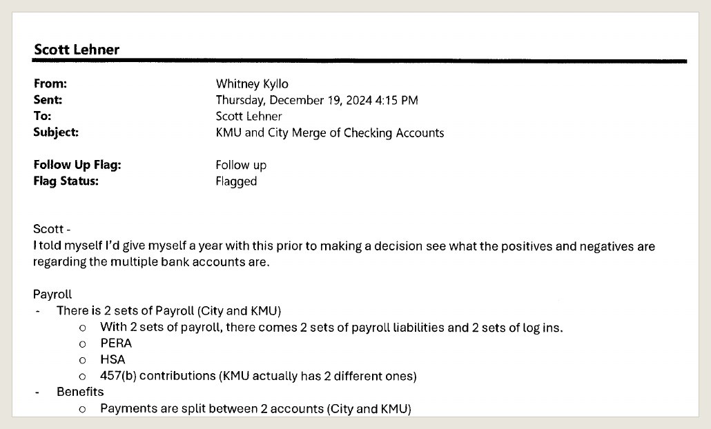 Printed page 133: Finance Director Whitney Kyllo's Dec. 19, 2024 email on two payrolls and two bank accounts, the case she made aloud after the apology.