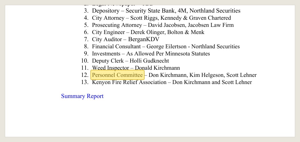 The 2026 appointments list, Jan. 13, 2026 packet, PDF page 3: item 12 is the personnel committee. There is no audit committee line.
