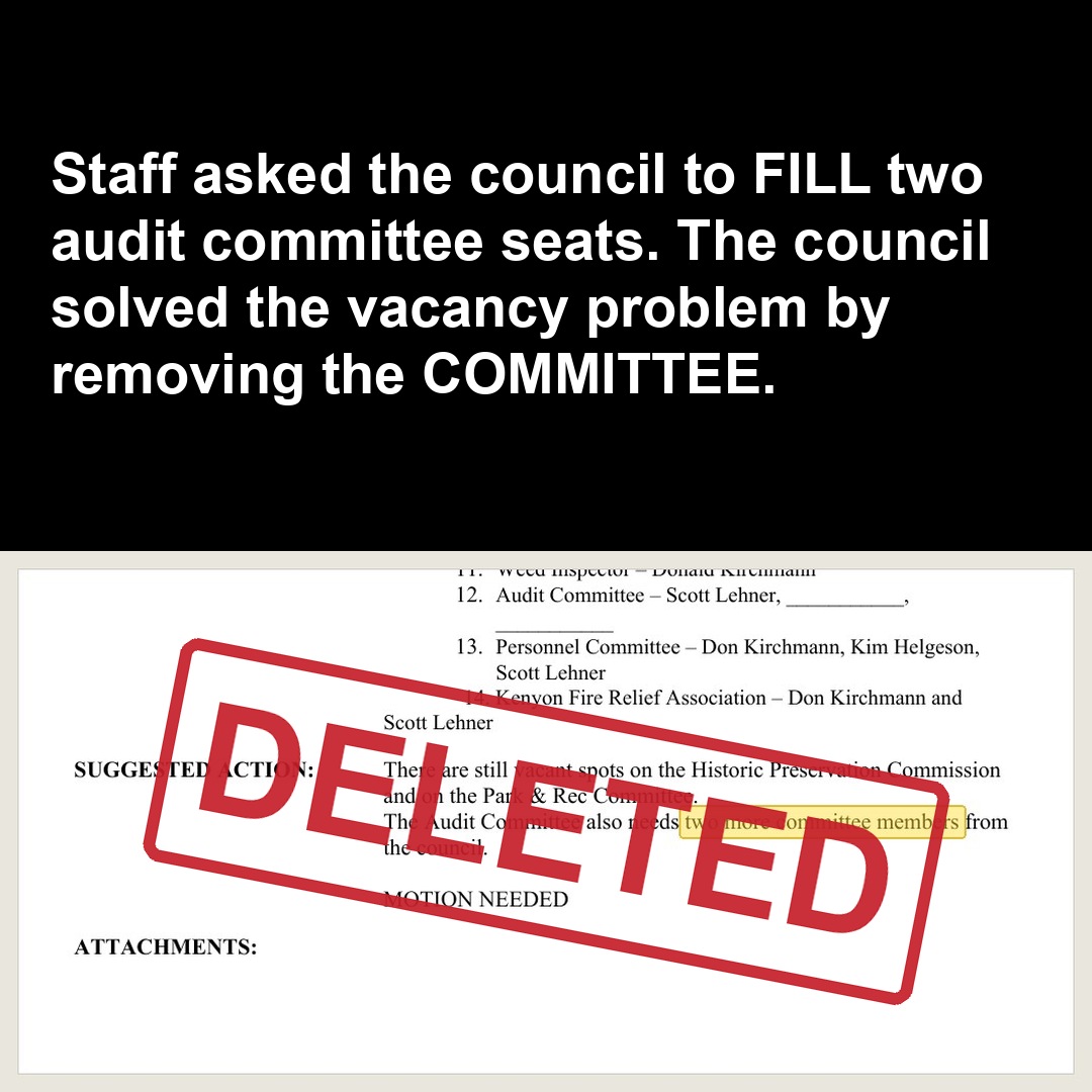 Staff asked the council to FILL two audit committee seats. The council solved the vacancy problem by removing the COMMITTEE.
