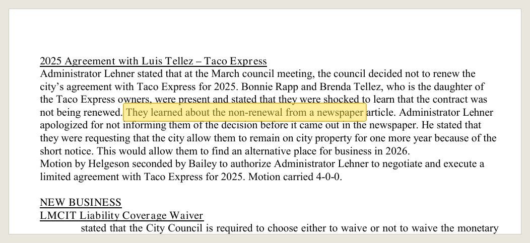 Minutes of Apr. 8, 2025, in the May 13, 2025 packet, PDF page 17: how the owners found out.