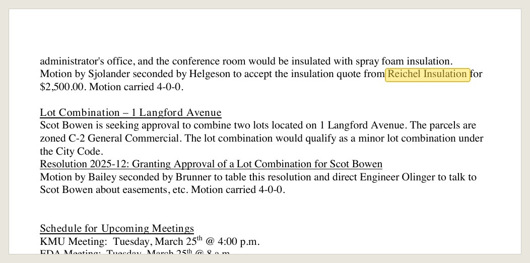 The motion to accept the Reichel Insulation quote, March 11, 2025 minutes.
