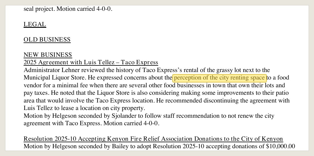 Same minutes, same night: the reason recorded for ending the Taco Express agreement.