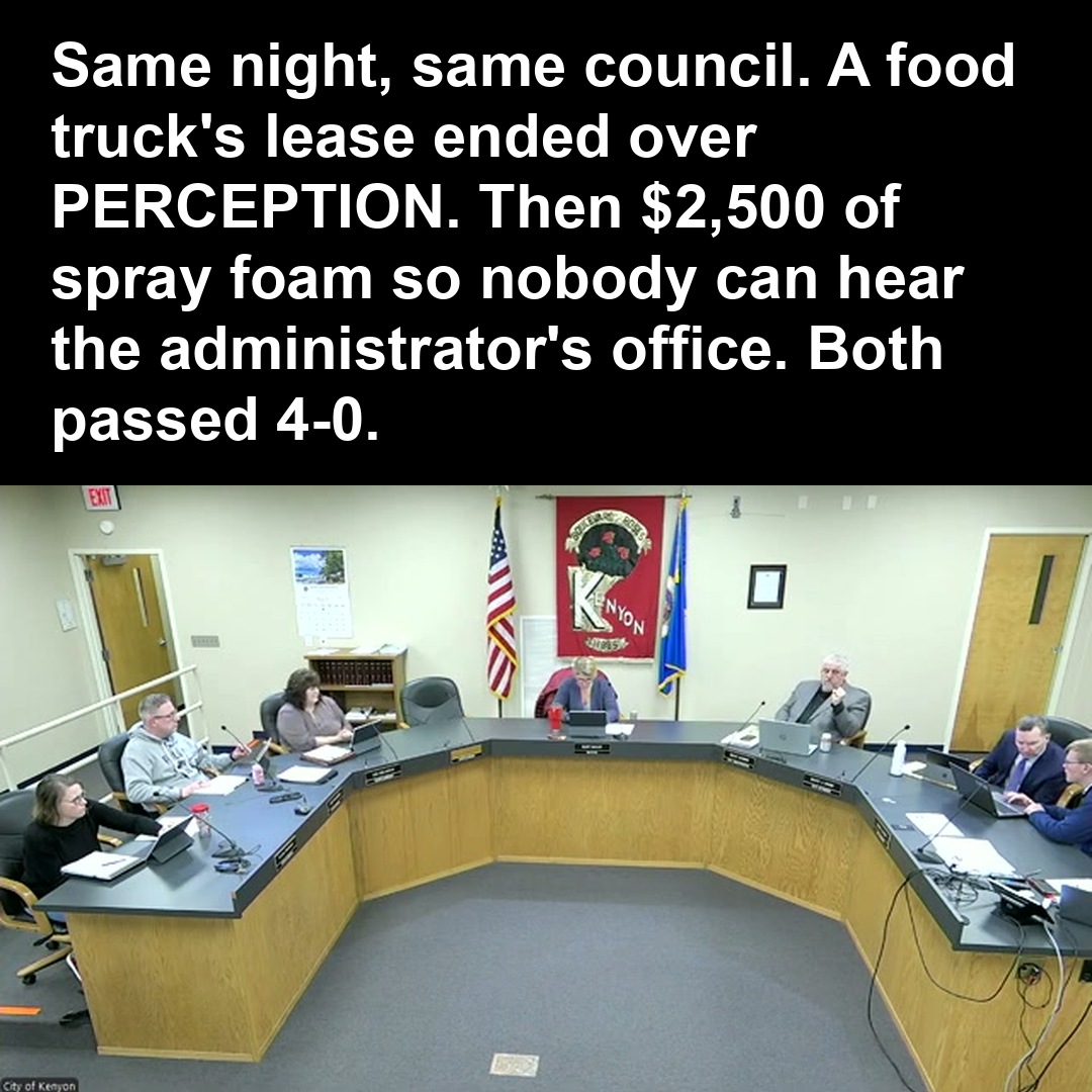 Same night, same council. A food truck's lease ended over PERCEPTION. Then $2,500 of spray foam so nobody can hear the administrator's office. Both passed 4-0.