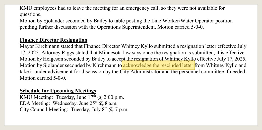 Minutes of June 10, 2025, in the July 8, 2025 packet: the second motion on the finance director.