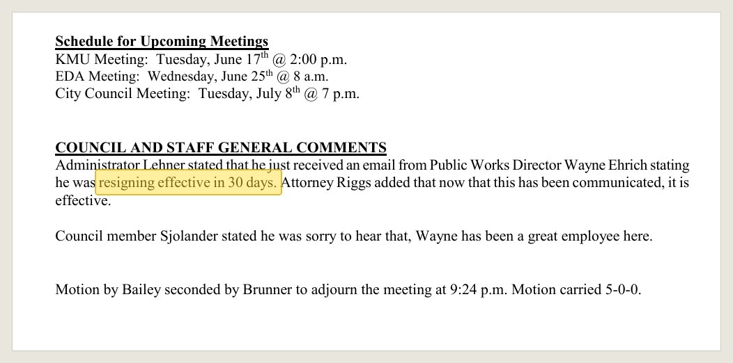 Same minutes, general comments: the public works director's emailed resignation.