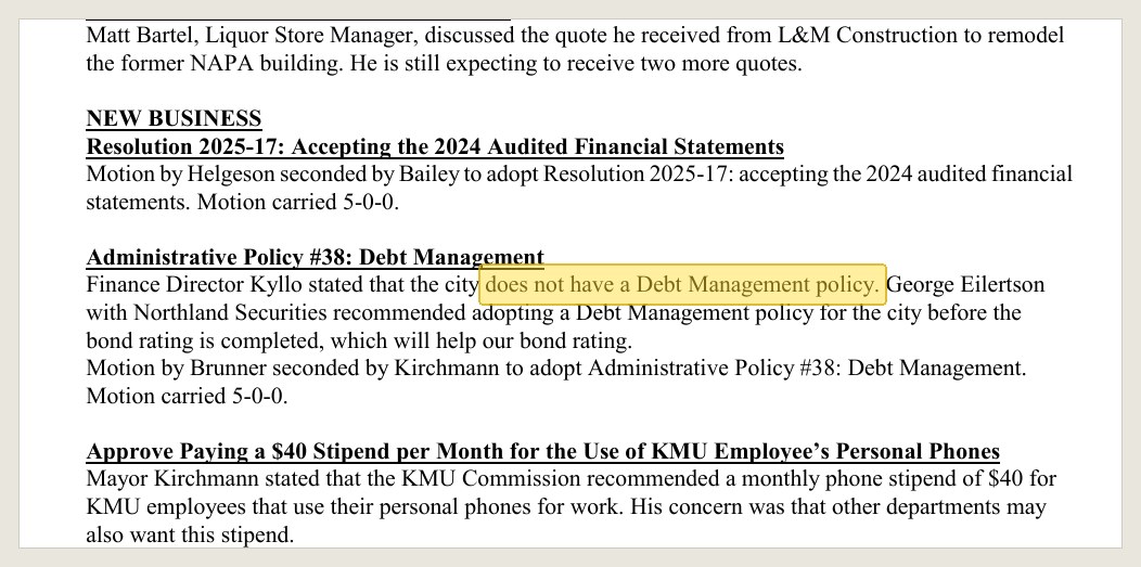 Same June 10 minutes: the debt policy Kyllo brought the council hours before her resignation came up.