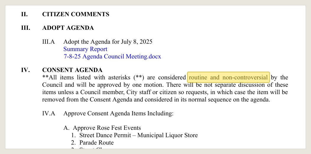 The July 8, 2025 agenda: what the city says belongs on a consent agenda, and what was on this one.
