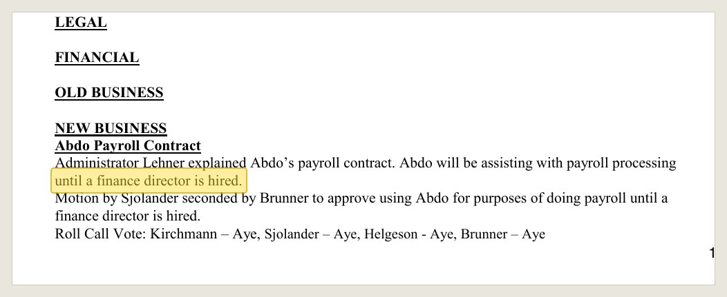 Minutes of July 8, 2025, in the August 12 packet: payroll goes to Abdo the same night.