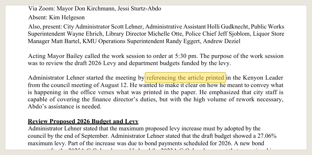 Minutes of the August 26, 2025 work session, in the September 9 packet: the clarification, first item of the night.