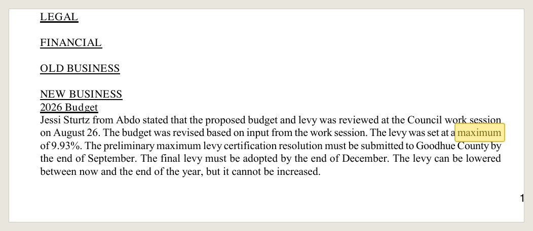 Minutes of September 9, 2025, in the October 14 packet: the preliminary levy.
