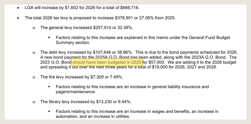 Abdo's budget memo, August 22, 2025, in the August 26 packet: the one line that discloses the miss.