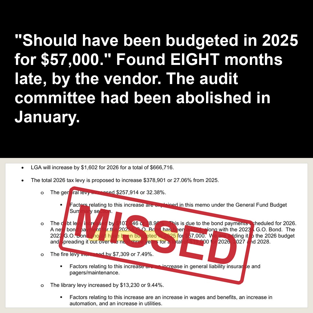 "Should have been budgeted in 2025 for $57,000." Found EIGHT months late, by the vendor. The audit committee had been abolished in January.