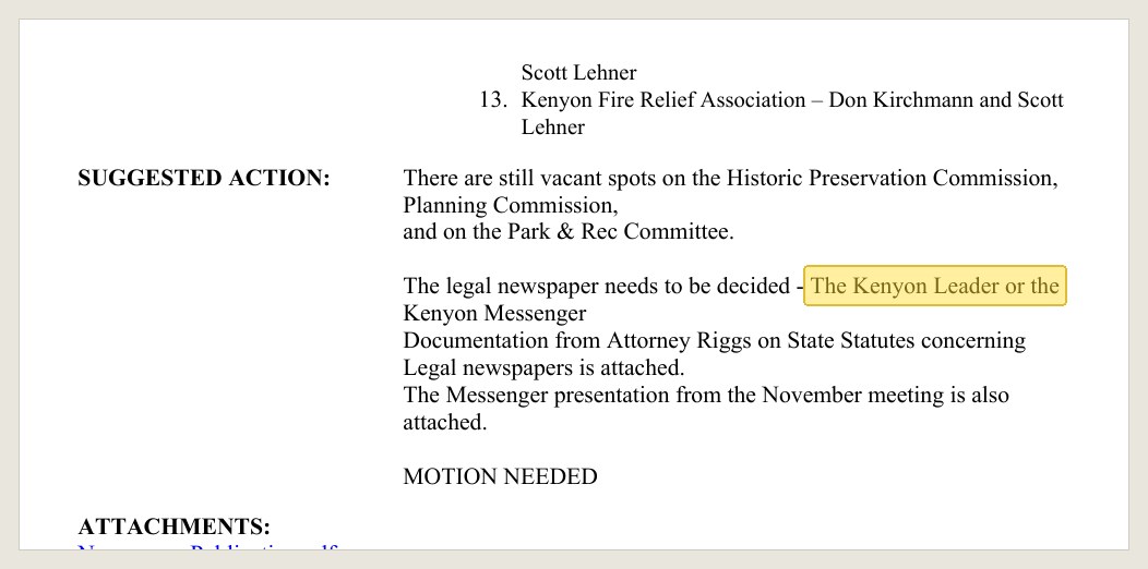 The staff note beneath the list: the decision, the attorney's statute and the Messenger's presentation.