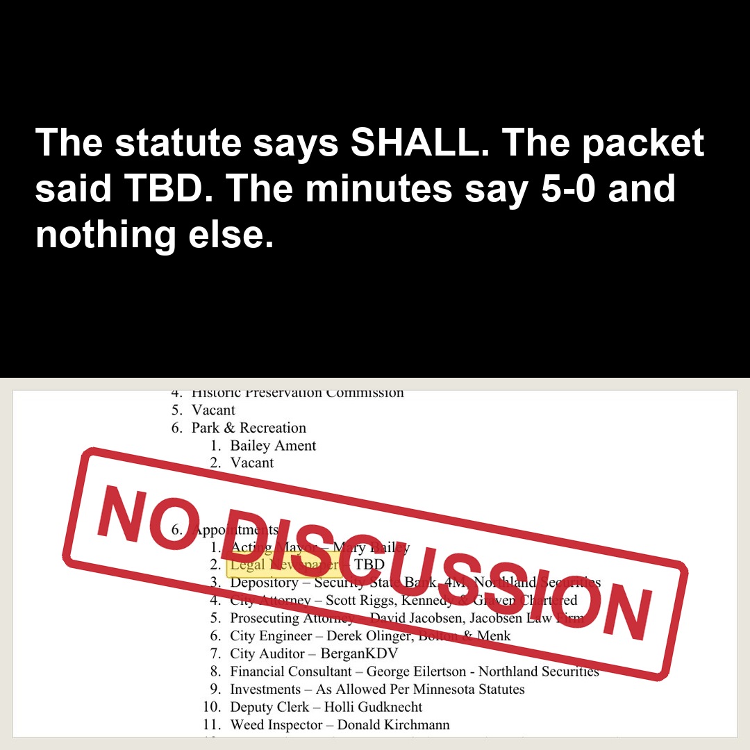 The statute says SHALL. The packet said TBD. The minutes say 5-0 and nothing else.