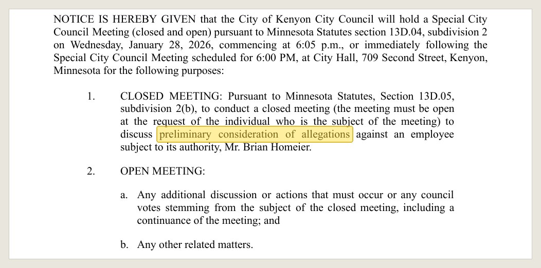 The notice, dated January 20, 2026, over the administrator's signature.