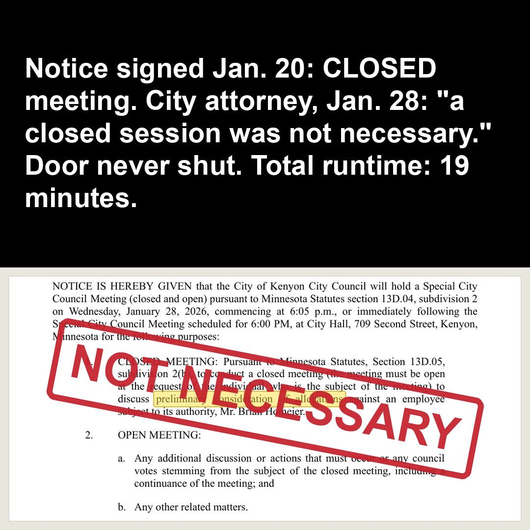 Notice signed Jan. 20: CLOSED meeting. City attorney, Jan. 28: "a closed session was not necessary." Door never shut. Total runtime: 19 minutes.