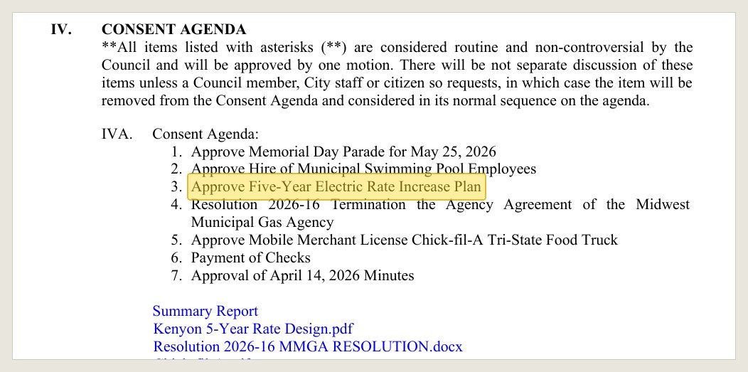 The May 12, 2026 consent agenda, item three, between the pool hires and a gas agency resolution.