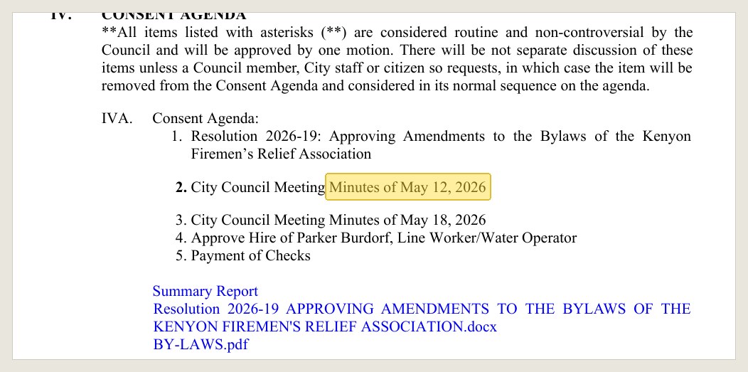 June 9, 2026 agenda: the May 12 minutes are listed for approval, though their text is not posted.