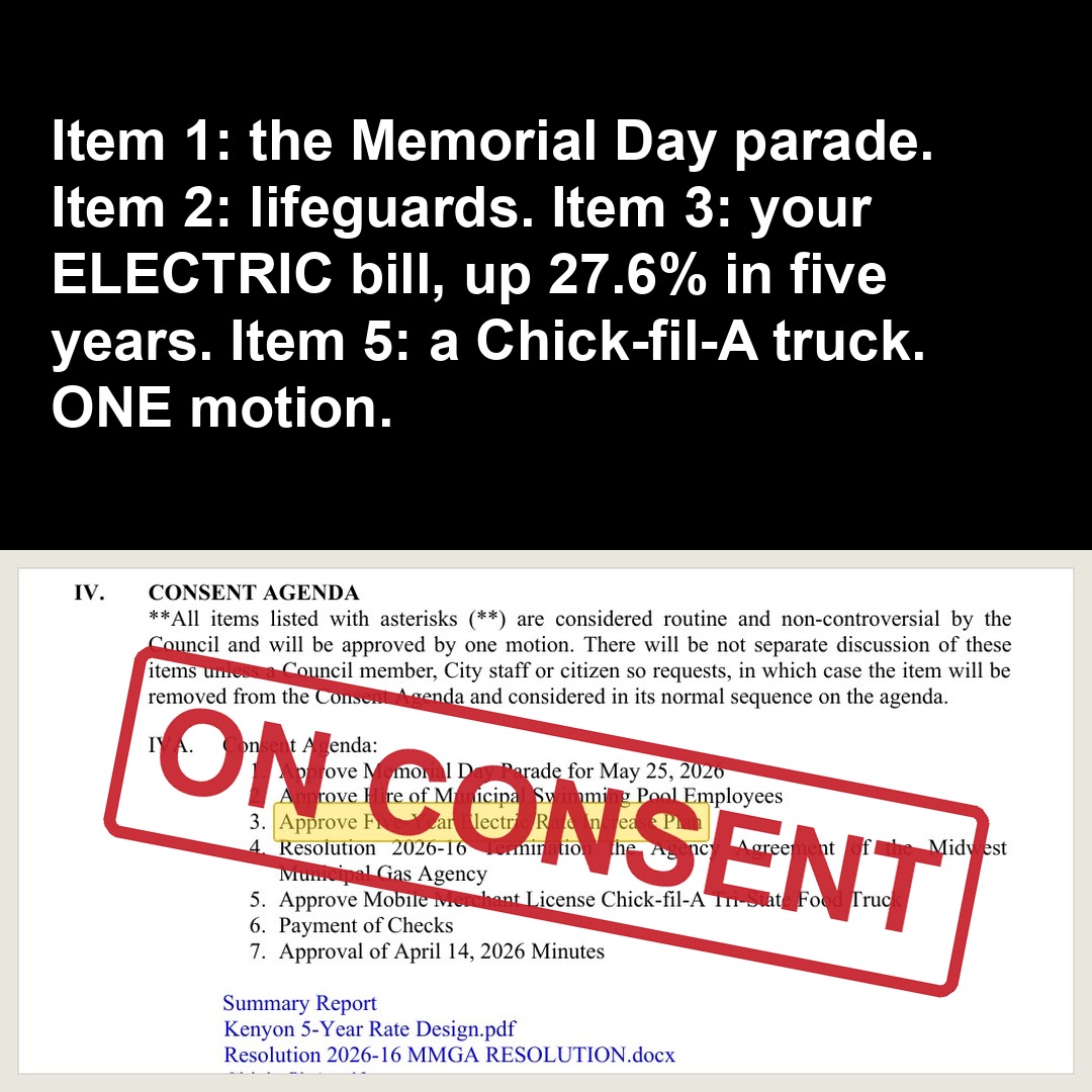 Item 1: the Memorial Day parade. Item 2: lifeguards. Item 3: your ELECTRIC bill, up 27.6% in five years. Item 5: a Chick-fil-A truck. ONE motion.