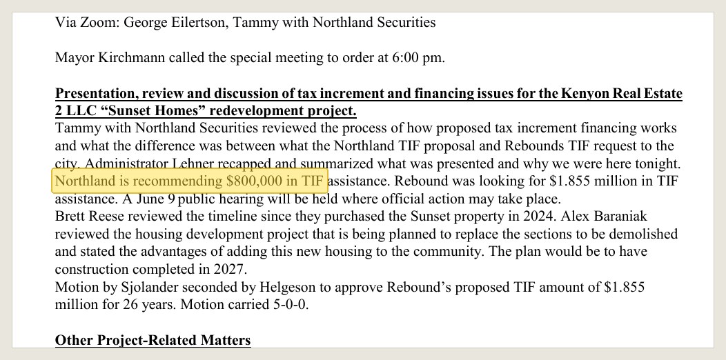 Minutes of the May 18, 2026 special meeting, in the June 9, 2026 packet: the advisor's number and the developer's, one line apart.