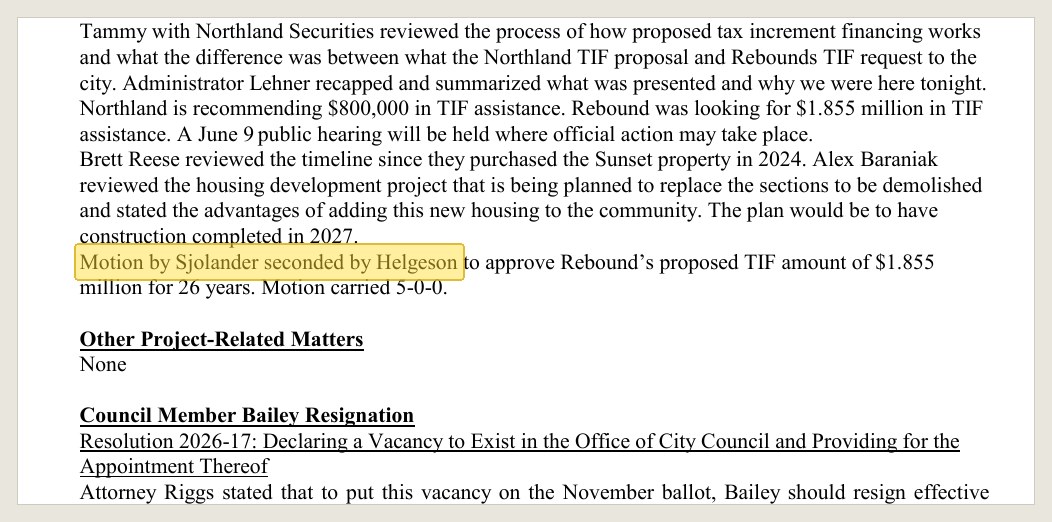 The same minutes: the motion to approve "Rebound's proposed TIF amount of $1.855 million for 26 years. Motion carried 5-0-0."