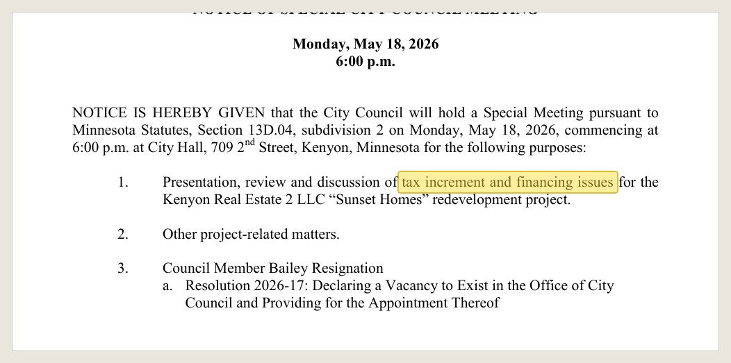 The notice for the May 18, 2026 special meeting, signed by the administrator on May 12: a presentation, a review and a discussion.