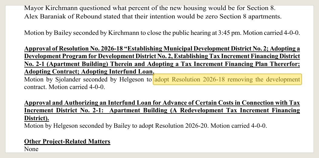 Minutes of the June 30, 2026 hearing, in the July 14 packet: the district adopted, the contract taken out.