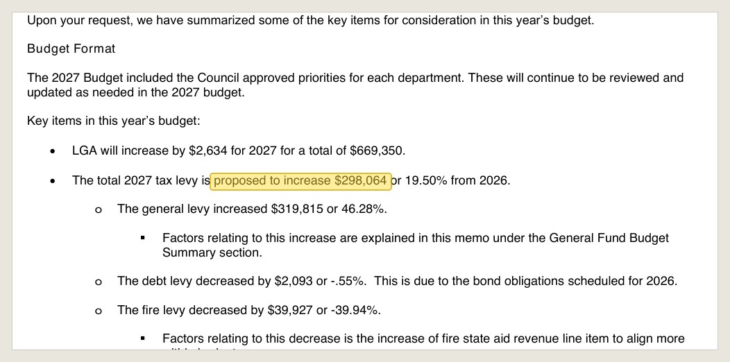 The same July memo: "The total 2027 tax levy is proposed to increase $298,064 or 19.50% from 2026."