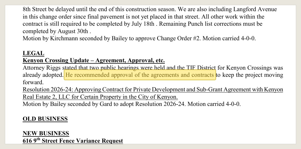 Official minutes of July 14, 2026, in the Aug. 6 packet. The minutes record the recommendation and the vote, not the walk-back.
