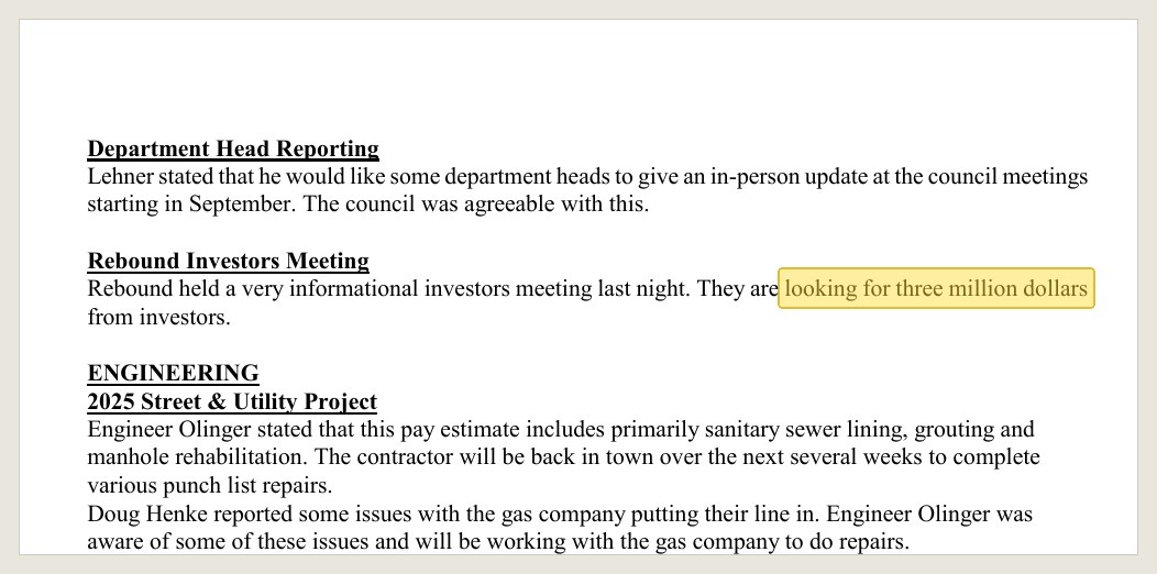 Official minutes of Aug. 6, 2026, in the Sept. 8 packet: "They are looking for three million dollars from investors."