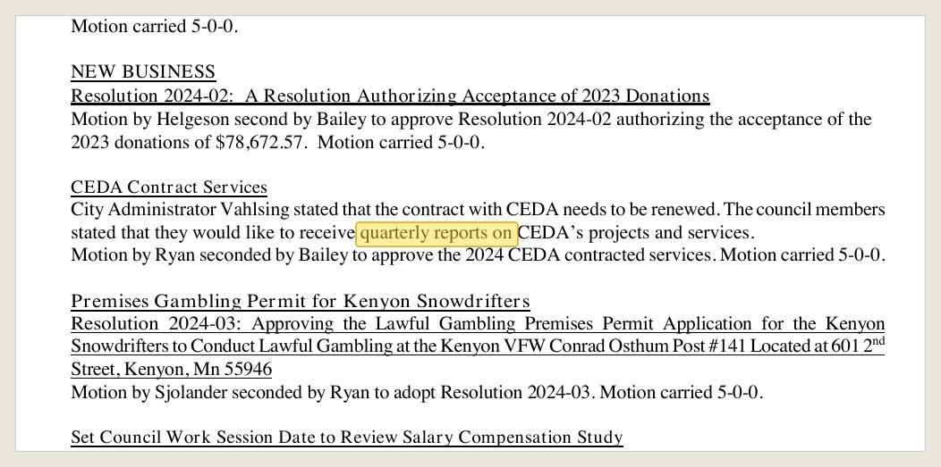 Minutes of Jan. 9, 2024, in the Feb. 13, 2024 packet: the council's request for quarterly reports, recorded beside a 5-0 renewal.
