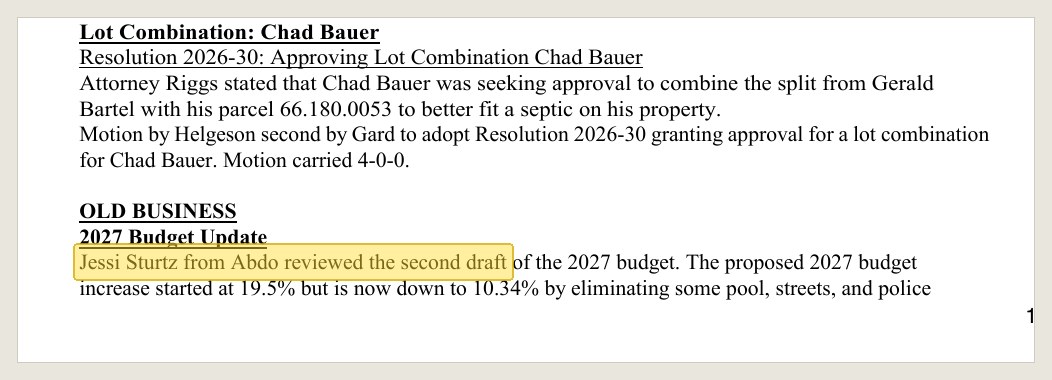 The official minutes of Aug. 6, 2026, in the Sept. 8 packet. The budget item is four sentences; the question and the ruling are not in it.