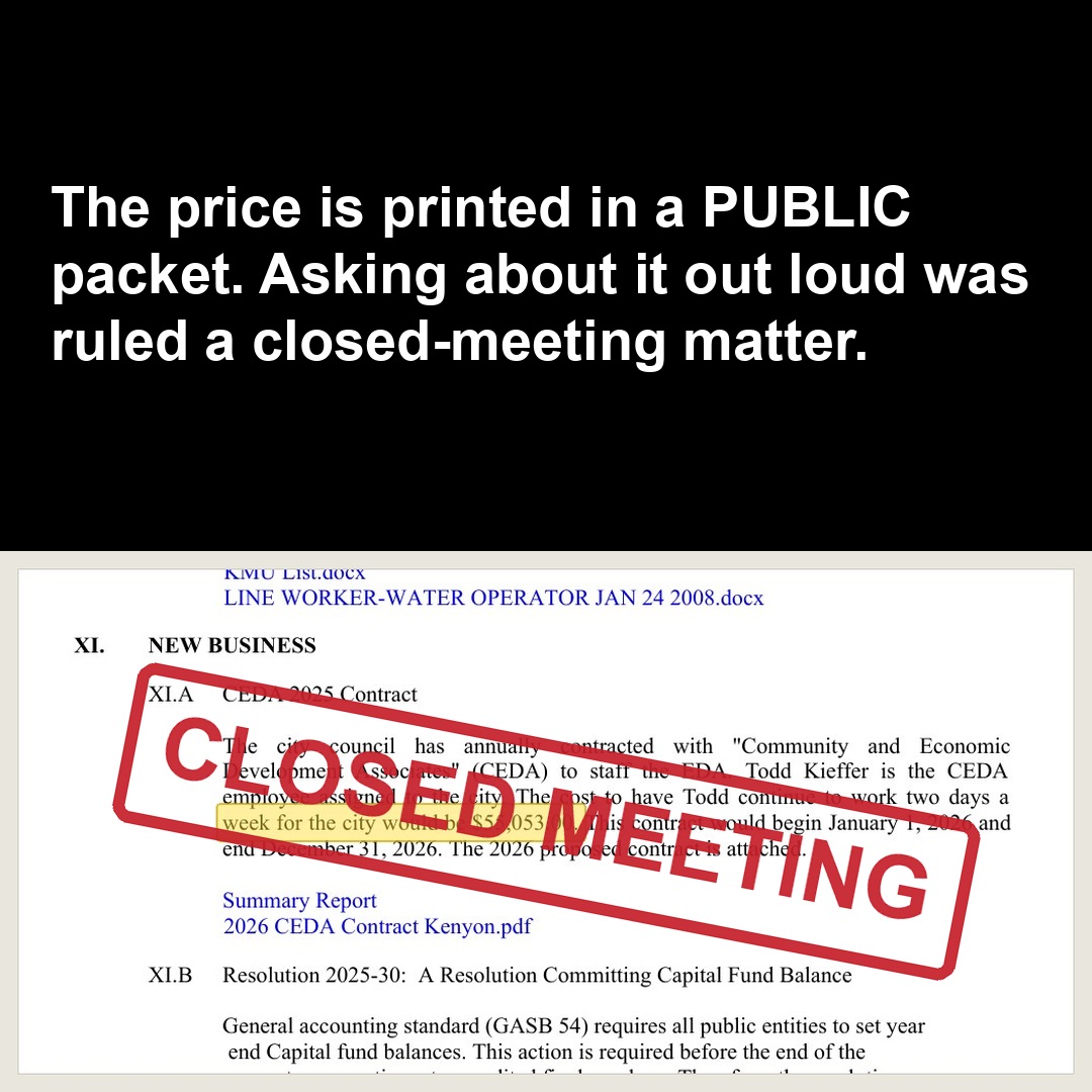 The price is printed in a PUBLIC packet. Asking about it out loud was ruled a closed-meeting matter.