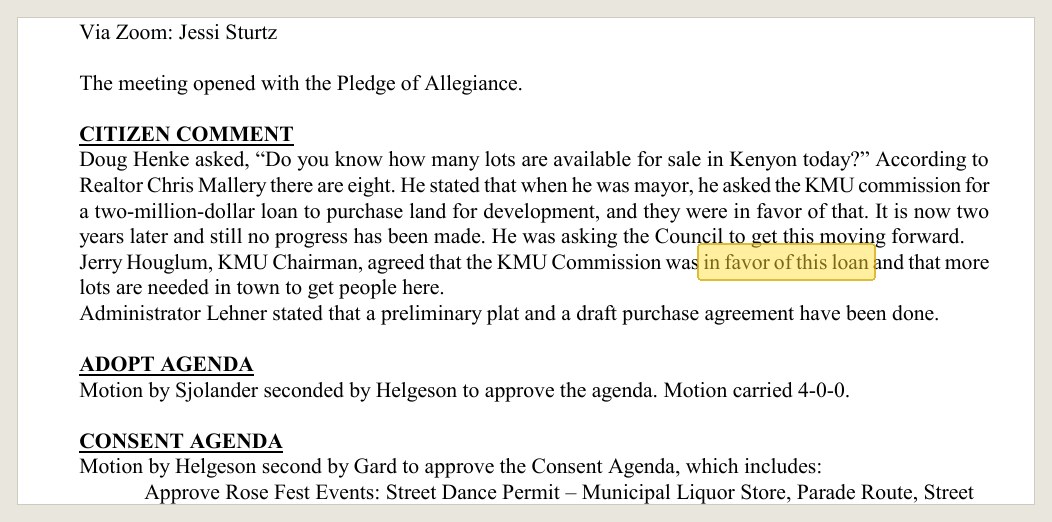 The same minutes: the KMU chairman confirms the commission was in favor.