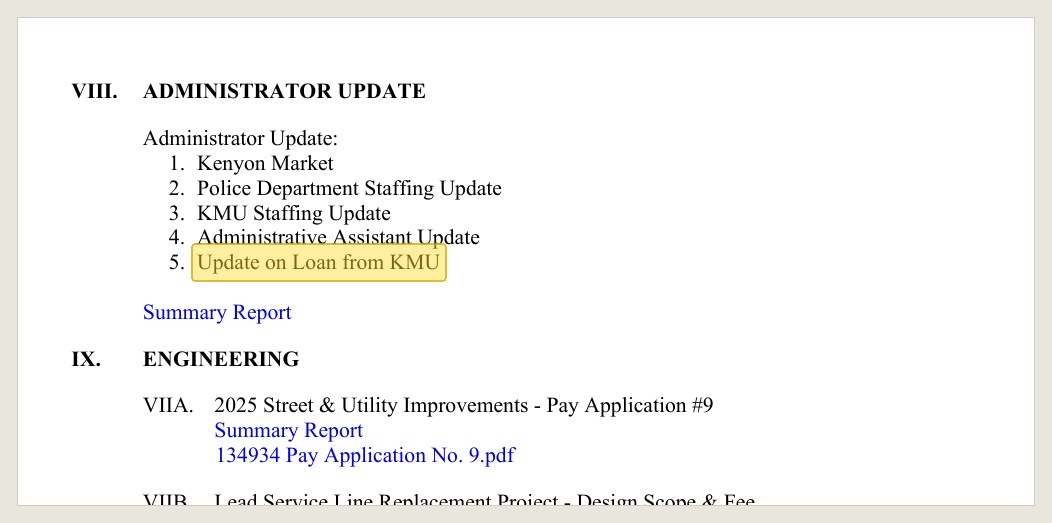 The Sept. 8, 2026 agenda: the loan reaches a council agenda as item five of the administrator's update.