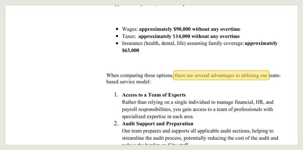 The same staff report: "our team-based service model." The pronoun is the vendor's.