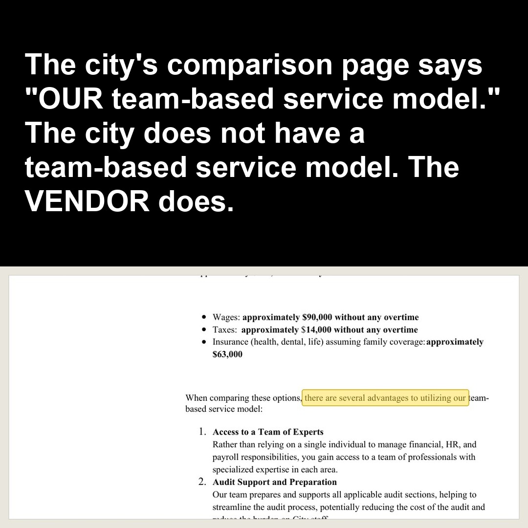 The city's comparison page says "OUR team-based service model." The city does not have a team-based service model. The VENDOR does.