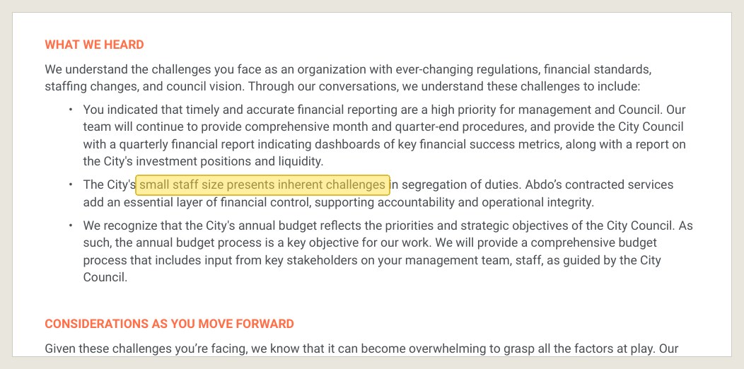 Abdo's three-year proposal in the Sept. 8, 2026 packet: segregation of duties offered as a reason to keep the firm.