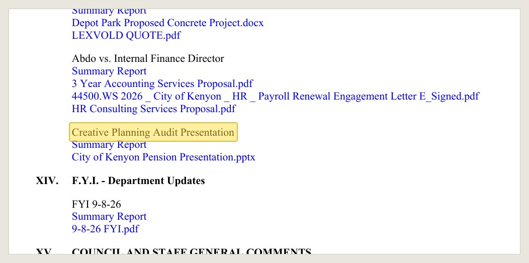 The Sept. 8, 2026 agenda: the FY2025 audit presented the same night as the firm's renewal pitch.