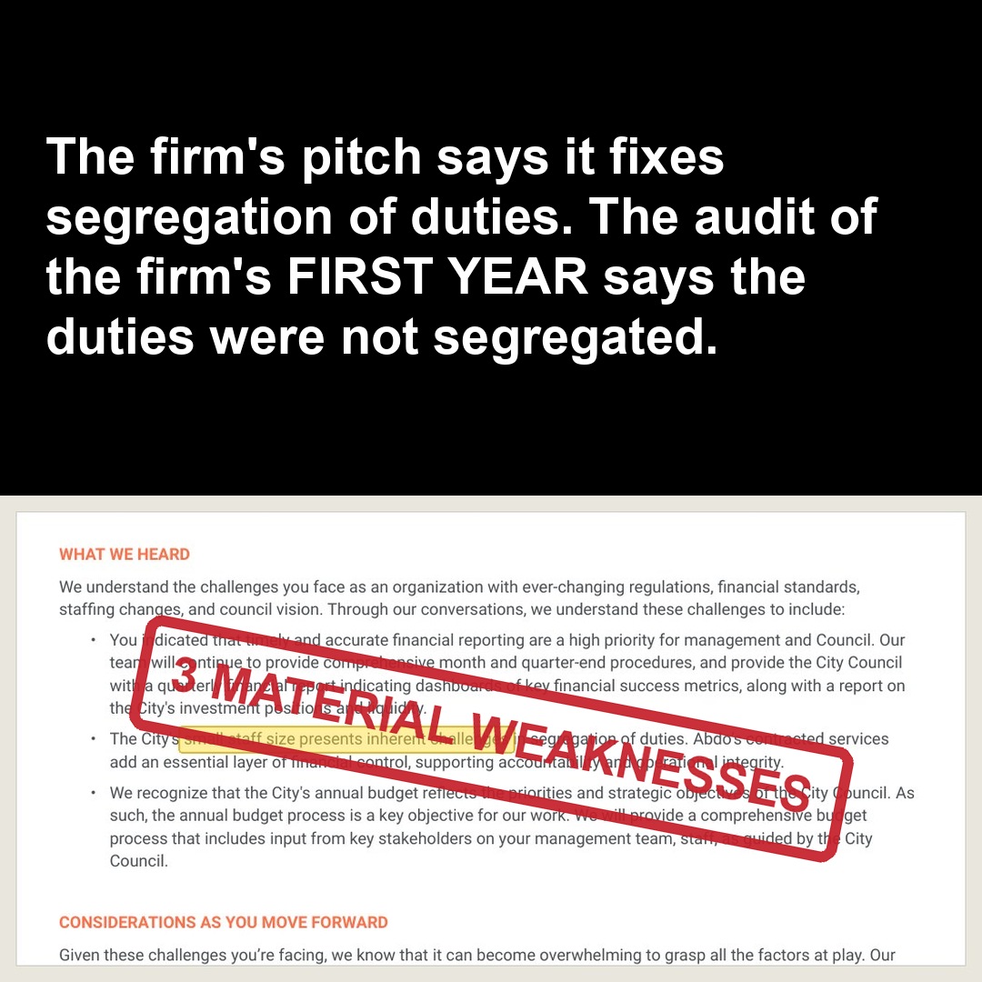 The firm's pitch says it fixes segregation of duties. The audit of the firm's FIRST YEAR says the duties were not segregated.